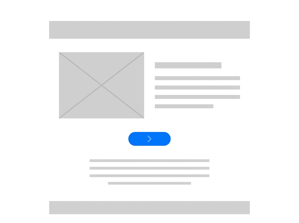 グレーと白のワイヤーフレームの中で、青いボタンだけが有彩色として目立っているUIモックアップ