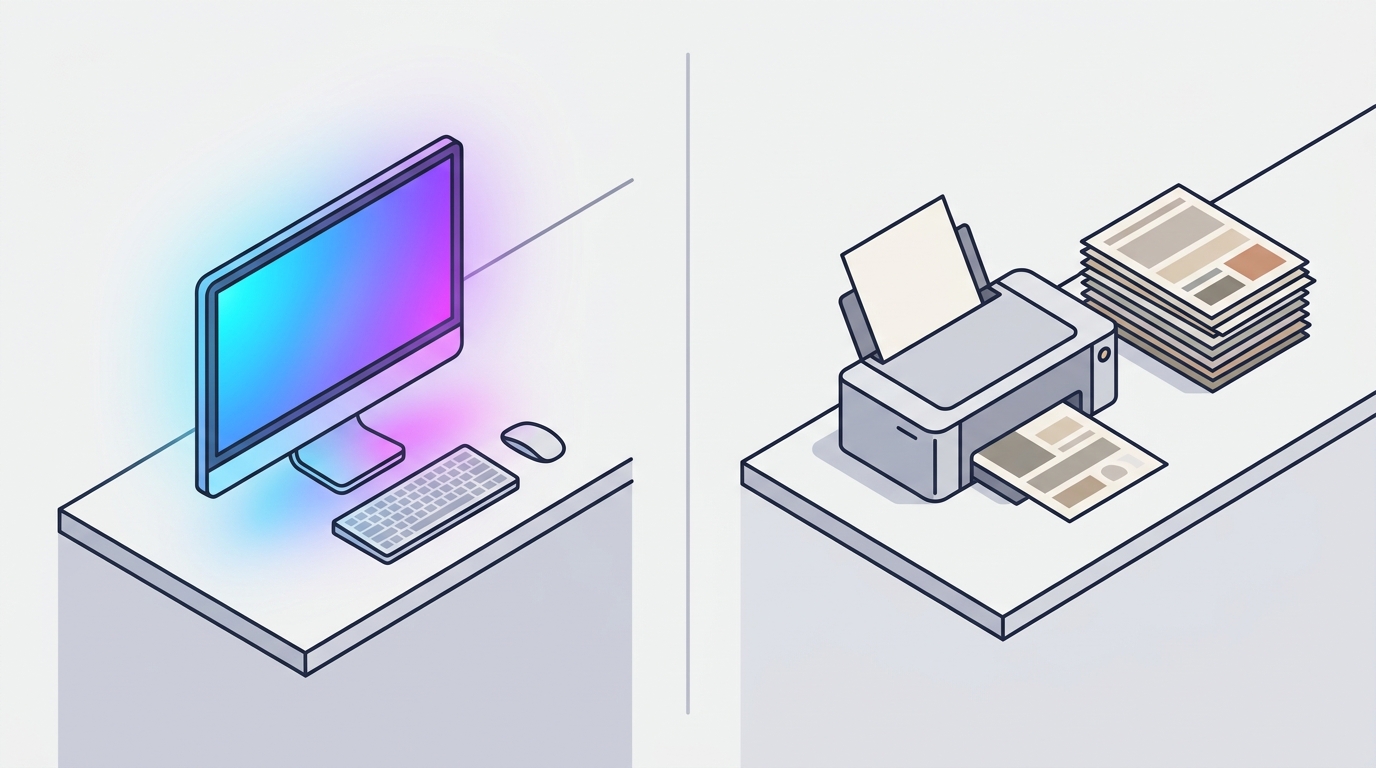 左に光るモニタ(RGB、デジタル画面の色)、右にプリンタと印刷物(CMYK、紙の印刷の色)を対比したイラスト