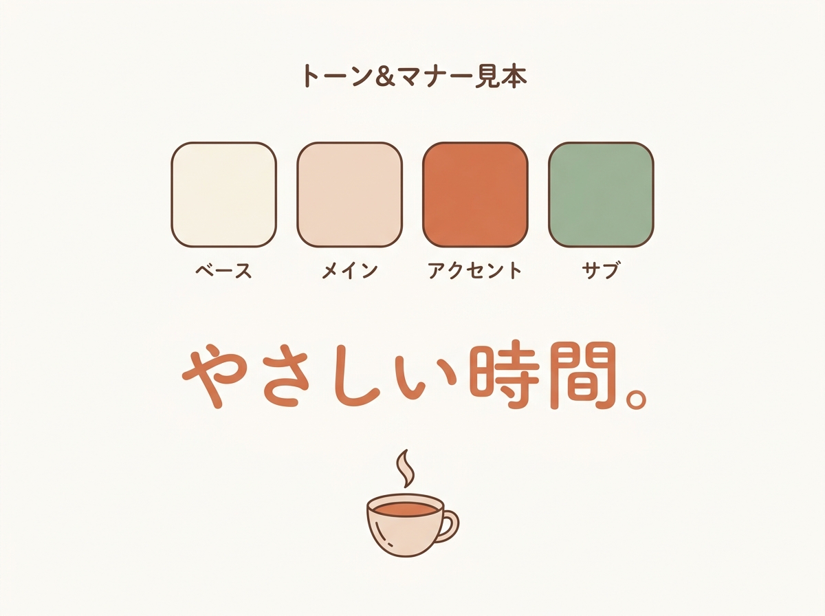 架空のカフェブランドのトーン&マナー見本。ベース・メイン・アクセント・サブの4色のカラースウォッチ、丸みのあるフォントの見本テキスト「やさしい時間。」、コーヒーカップのイラスト