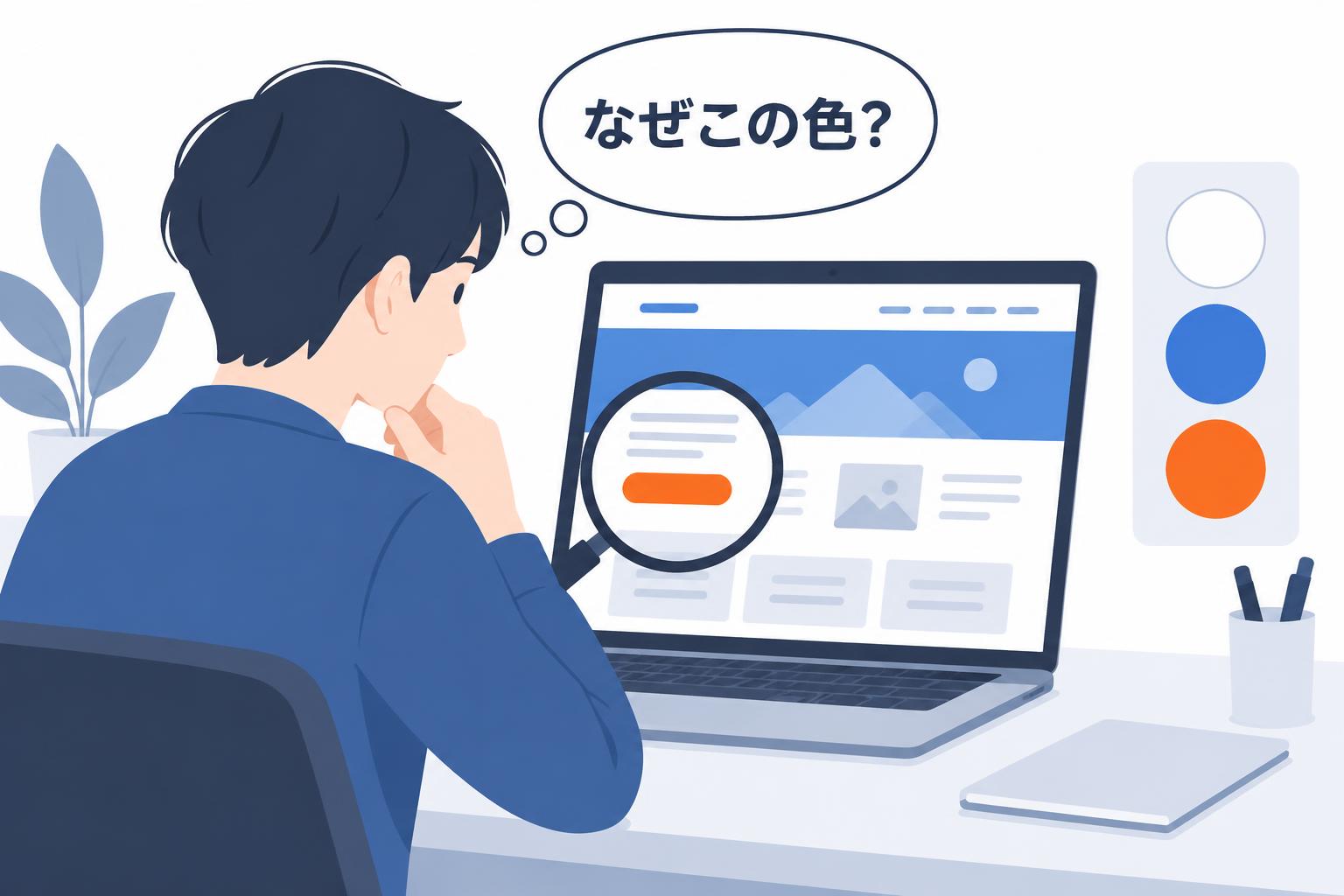 ノートPCで架空のWebサイトを虫眼鏡で観察し「なぜこの色?」と考えるデザイナーと、サイトから拾った白・青・オレンジの色見本のイラスト