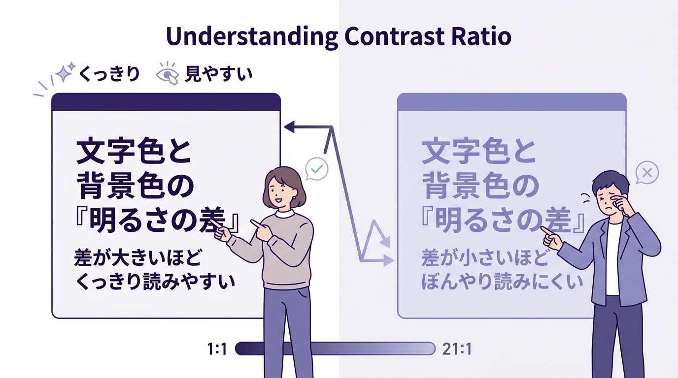 コントラスト比の違いによる読みやすさのイメージ図