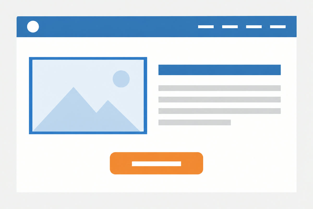 白い背景のWebサイトに、青いヘッダーと見出し、オレンジの申し込みボタンが1つだけ置かれたモックアップ