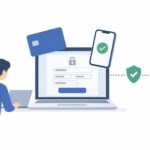 ノートパソコンの決済フォームとクレジットカード・スマートフォン、安全な通信で銀行へつながる決済の流れのイラスト